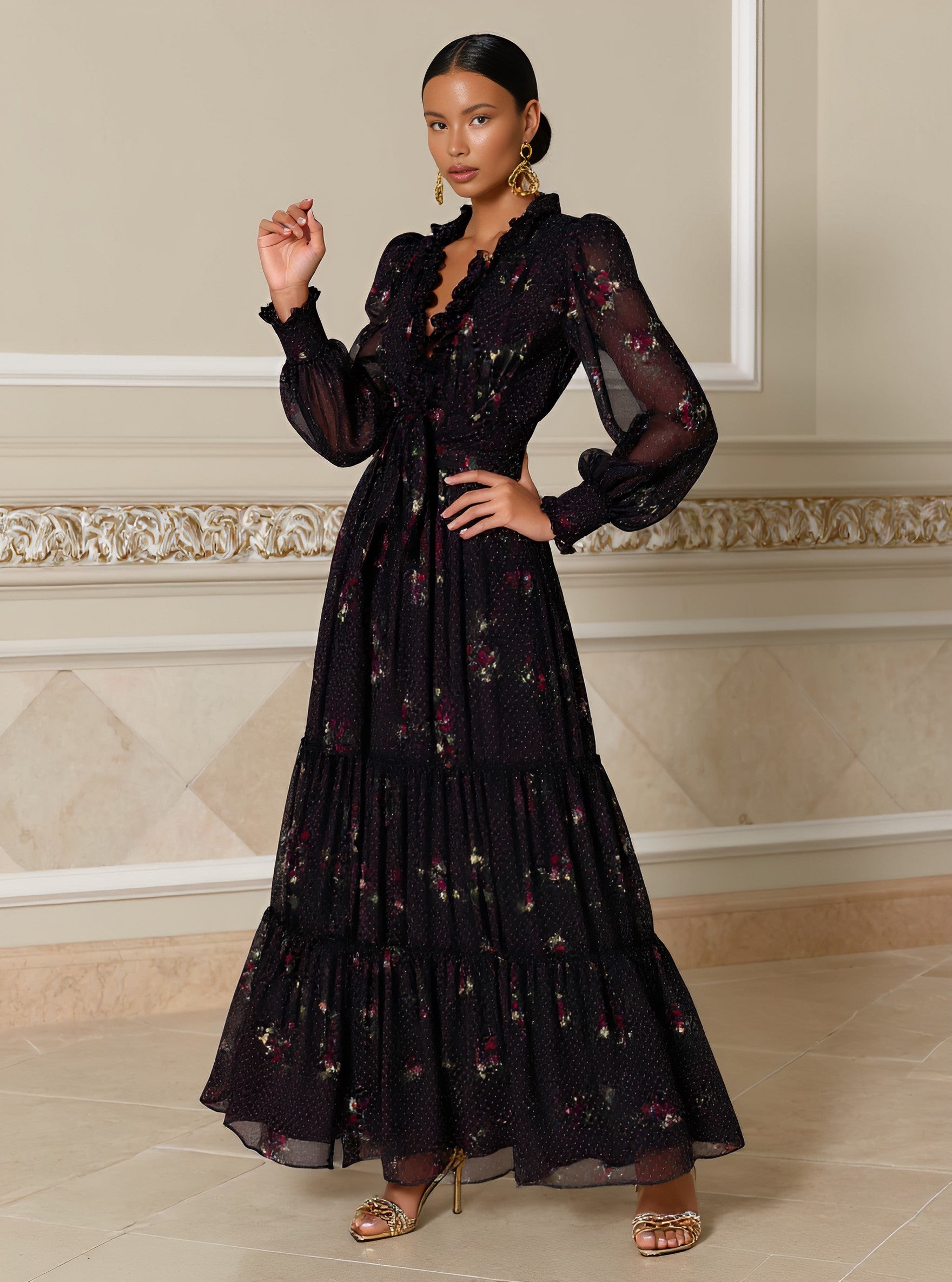 Autumn Dress Mid-Length A-Line Skirt V-Neck Lantern Sleeve Casual Style Body-Fitting Women's Clothing