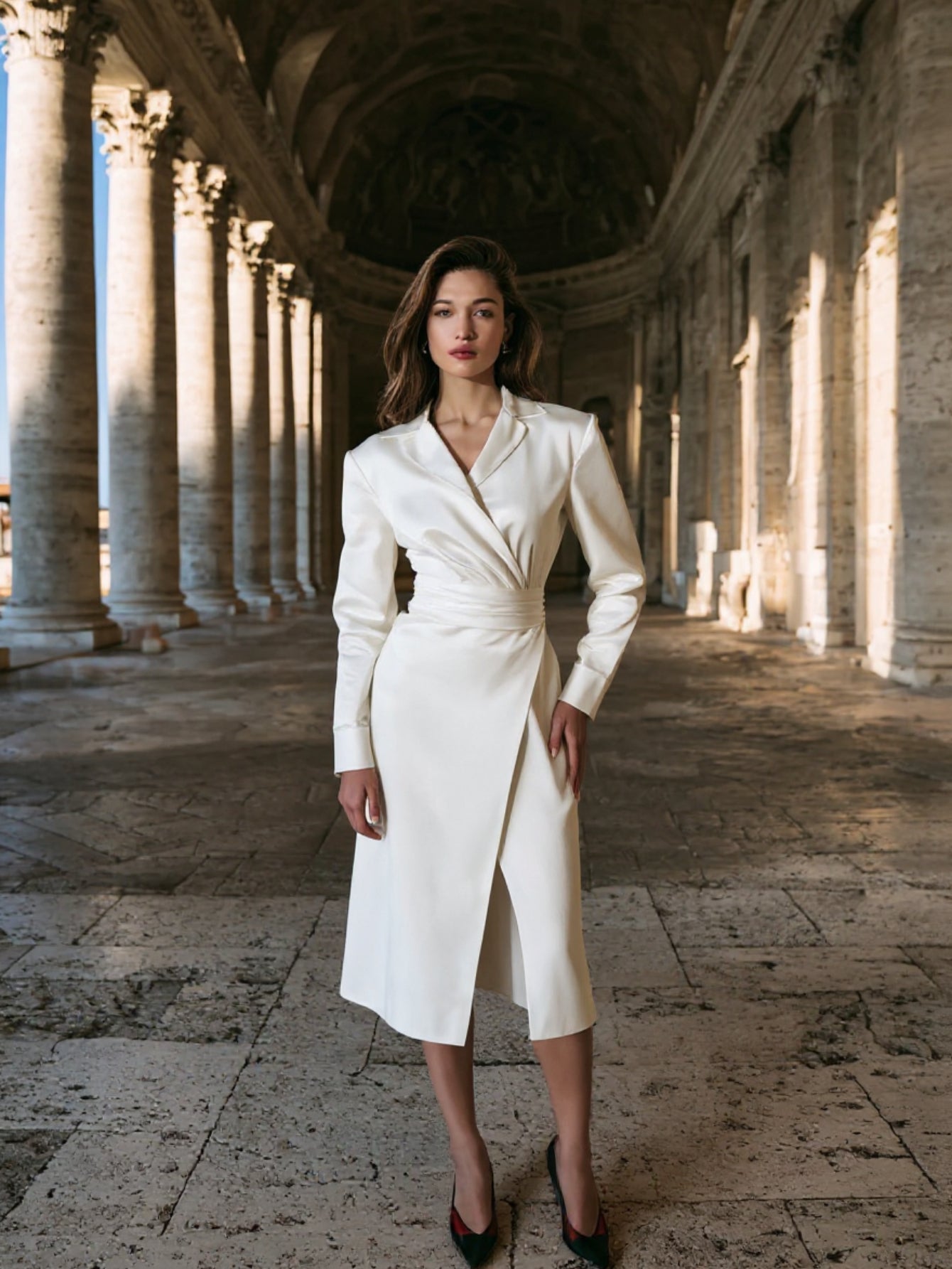 Autumn Dresses 2025 Women's Elegant Plain Long Sleeve V-Neck Nipped Waists Knee Length Office Lady Dresses