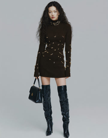 Winter Casual Tight Style High Collar Straight Sleeve Dress Mid Length Tight Fit Women's Clothing Fashionable Casual Dress