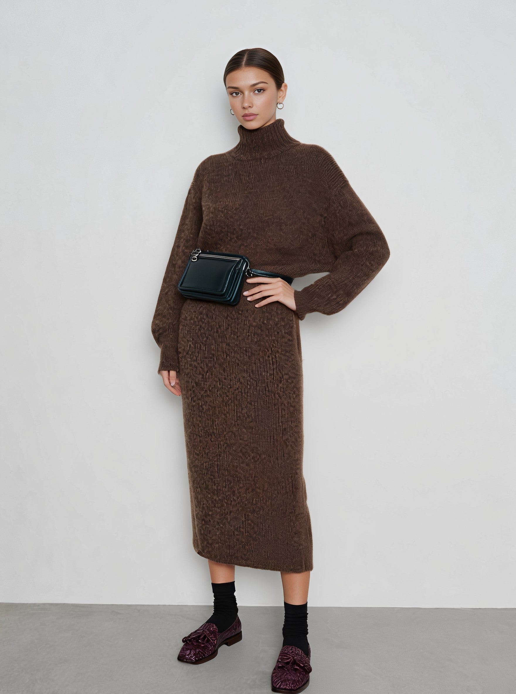 Winter Tight Fit High Collar Midi Dress Casual Straight Sleeve Long Skirt Style Women's Clothing