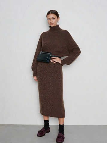 Winter Tight Fit High Collar Midi Dress Casual Straight Sleeve Long Skirt Style Women's Clothing