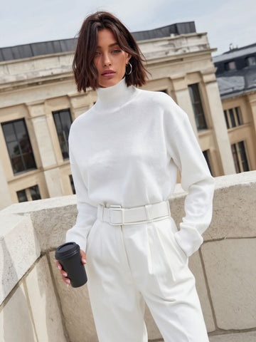 Women's Blouses Autumn Winter Basics Comfortable Simple Plain Drop-Shoulder Sleeve Turtleneck Daily Blouses