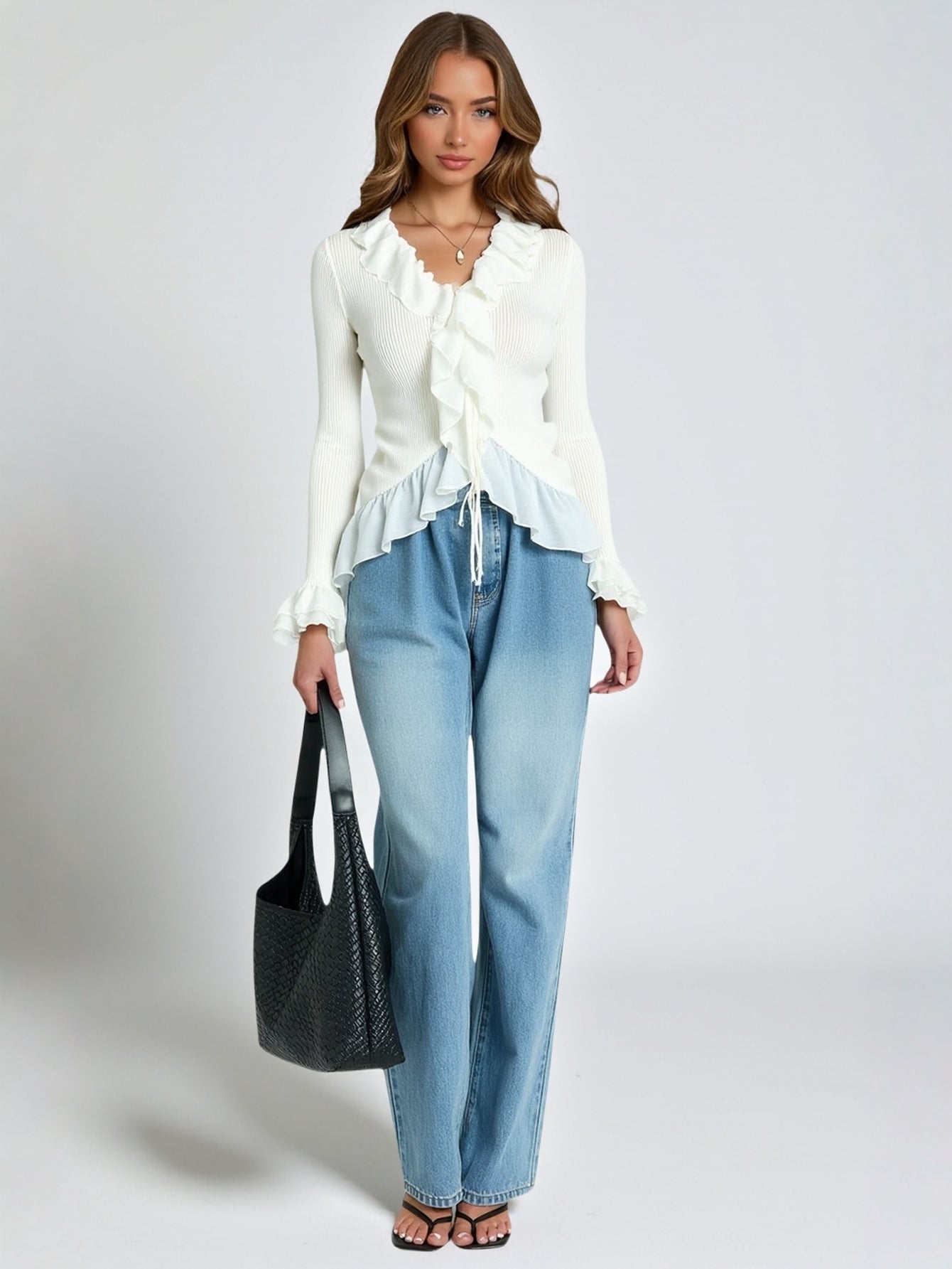 Women's Sweet And Spicy V Neck Lace Knitted Cardigan Long-Sleeved Ruffled Top Autumn Design for Casual Wear