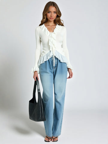 Women's Sweet And Spicy V Neck Lace Knitted Cardigan Long-Sleeved Ruffled Top Autumn Design for Casual Wear