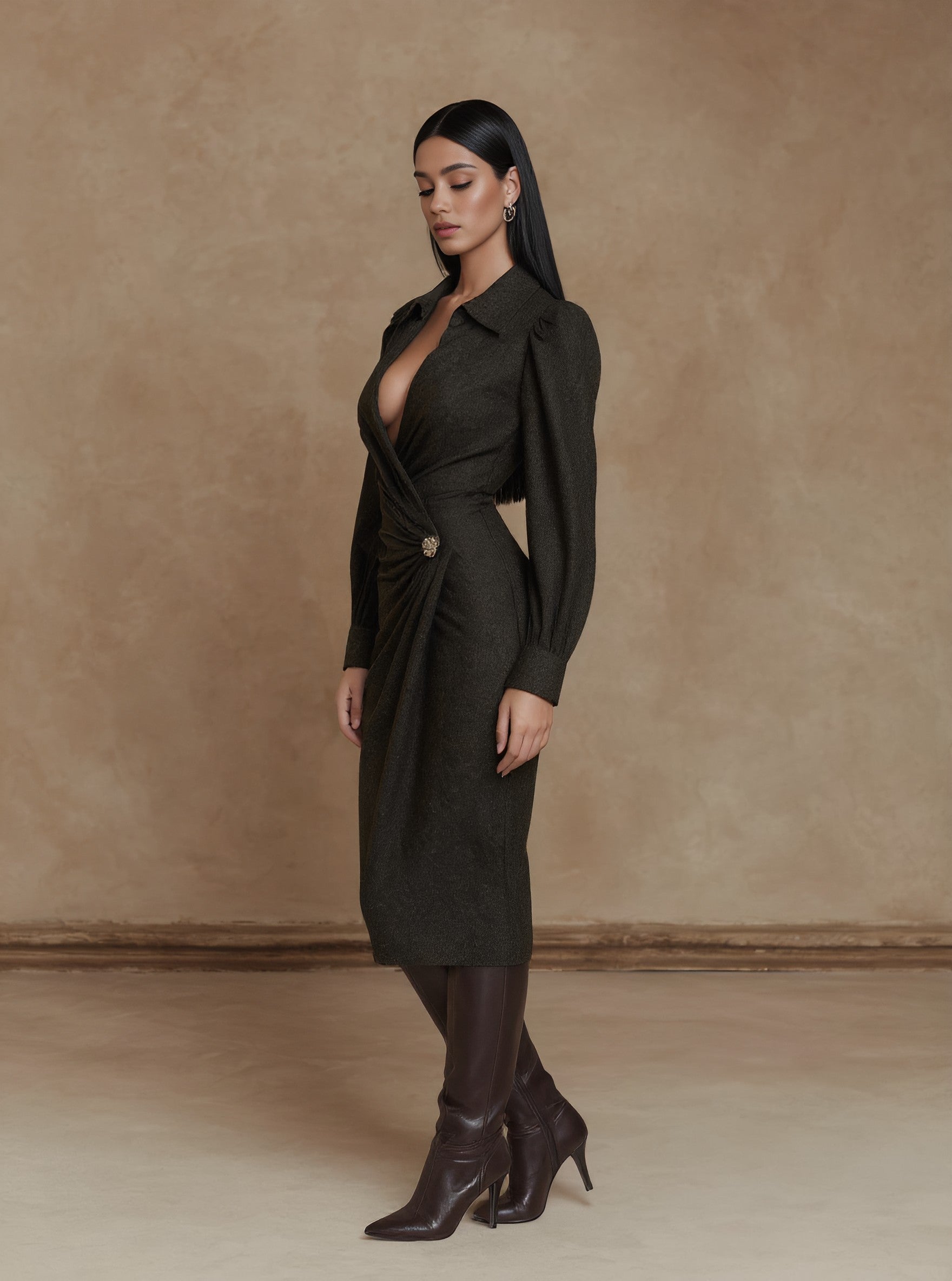 Casual Fitted Wrap Dress With Stand Collar Mid-Sleeve Midi Length A-Line Silhouette For Women Autumn Fashion Dress