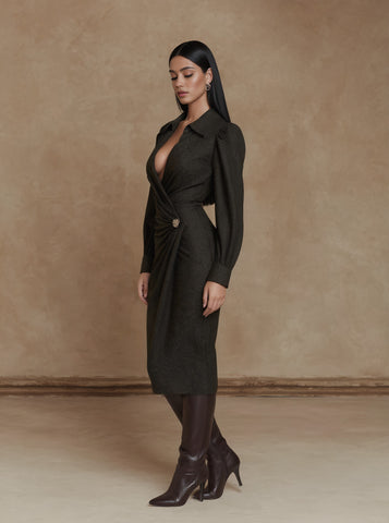 Casual Fitted Wrap Dress With Stand Collar Mid-Sleeve Midi Length A-Line Silhouette For Women Autumn Fashion Dress