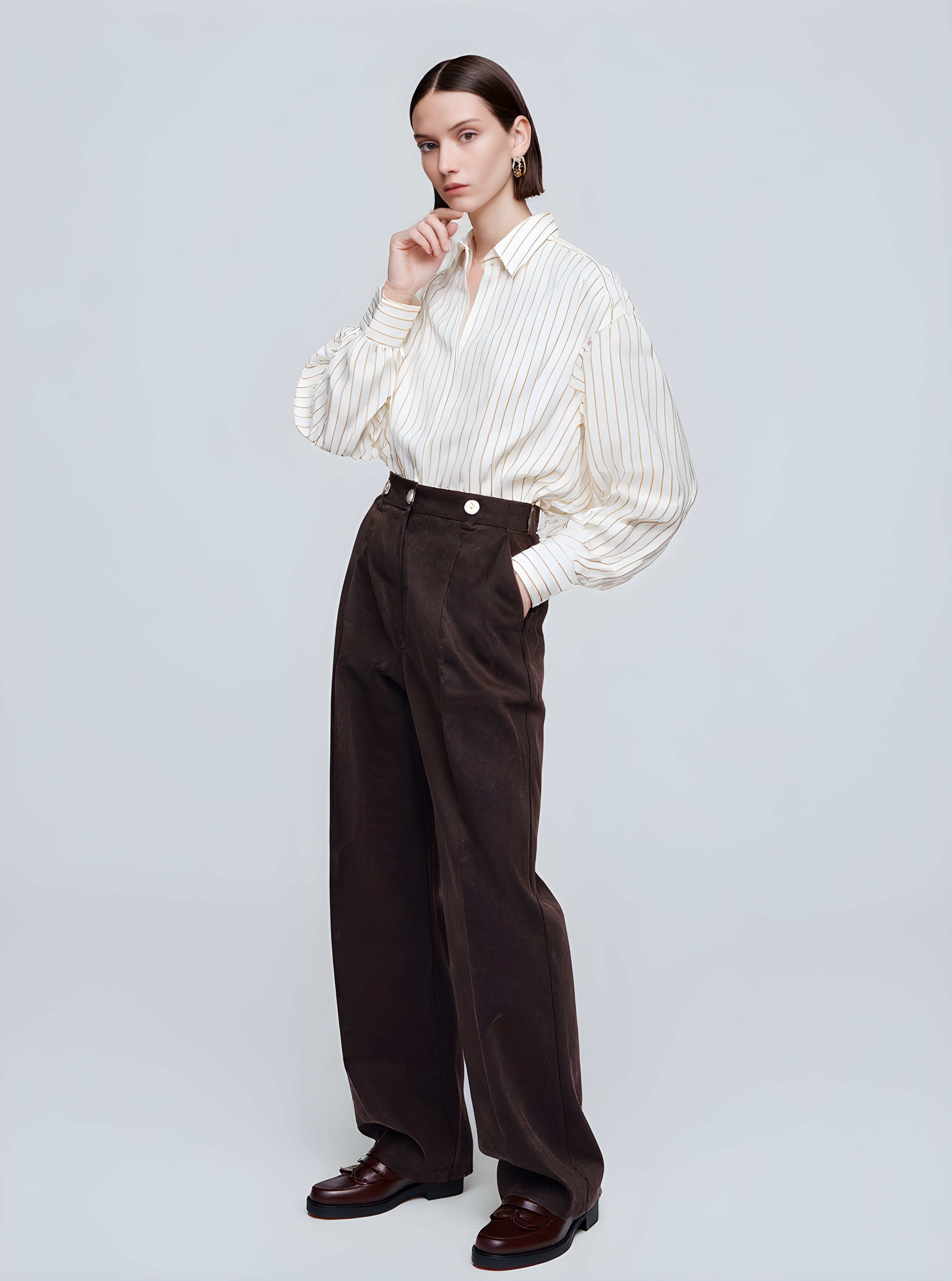 Women's Shirts Autumn Winter 2025 Stylish Elegant Striped Long Sleeve Turned Collar Commute Shirts