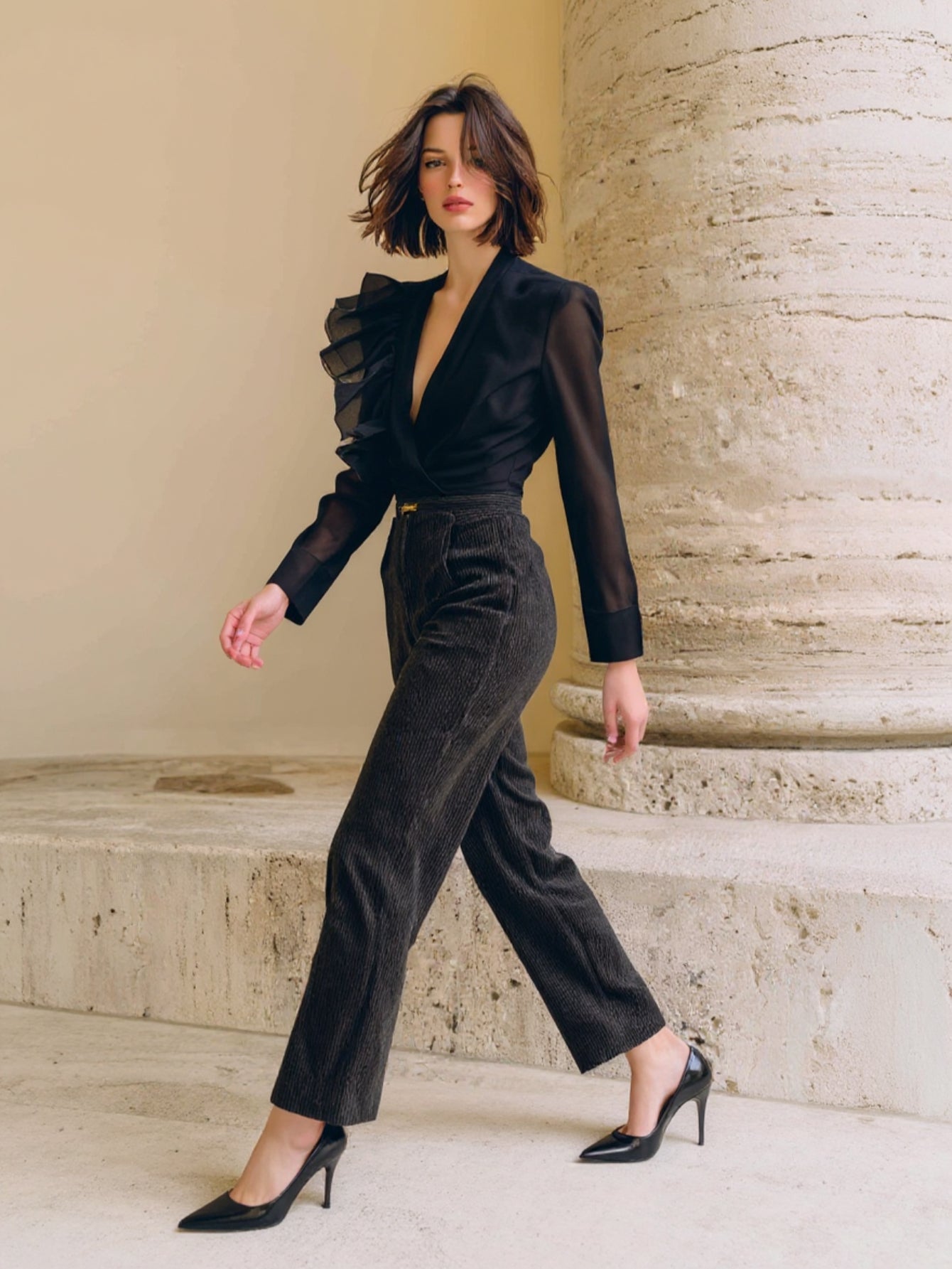 Autumn Shirts 2025 Women's Decent Plain Flounce Sheer Long Sleeve V-Neck Asymmetrical Basics Shirts