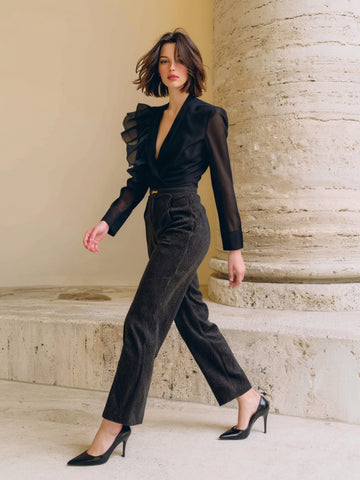 Autumn Shirts 2025 Women's Decent Plain Flounce Sheer Long Sleeve V-Neck Asymmetrical Basics Shirts