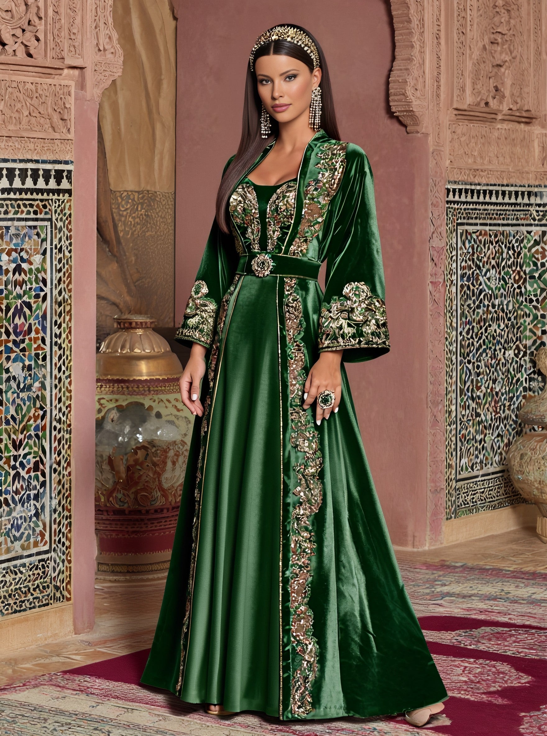 Loose Casual Autumn Abaya With Lace Sleeves And Round Neck Long Skirt Style Muslim Women's Fashion Arabic Robe