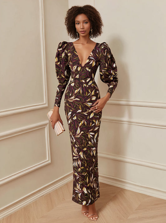 Autumn Tight Fit Wrap Dress Mid-Length V-Neck Lamb Sleeve Casual Style Women's Dress Fashionable Elegant Gown