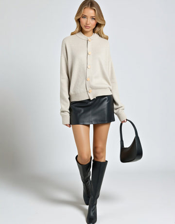 Solid Color Knitted Cardigan Western Style Loose Fit round Neck Single-breasted Spring Autumn Design Women's Outerwear