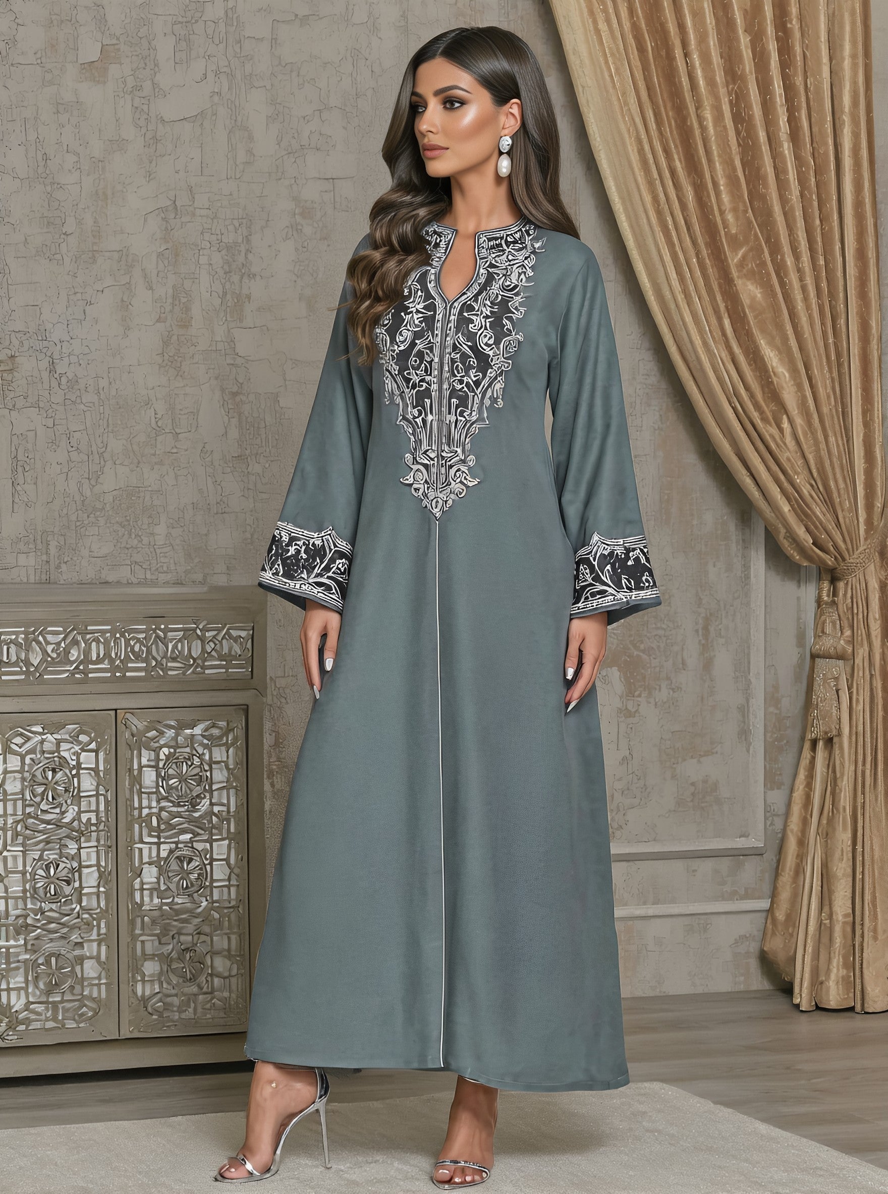 Autumn Jalabiyas Loose Fit Long Dress Casual Split Neck Straight Sleeve Women's Muslim Fashion Arabic Robe