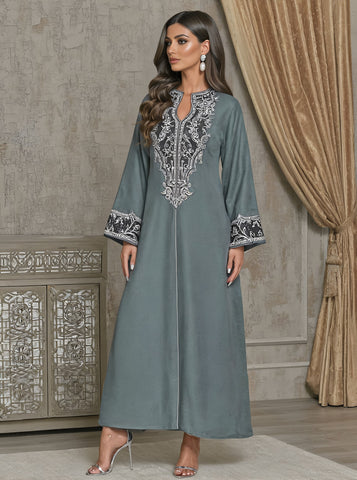 Autumn Jalabiyas Loose Fit Long Dress Casual Split Neck Straight Sleeve Women's Muslim Fashion Arabic Robe