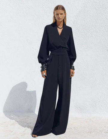 Autumn Sets 2025 Women's Fashion Plain Long Sleeve V-Neck Blouses Full Length High Waist Wide Leg Pants Work Sets