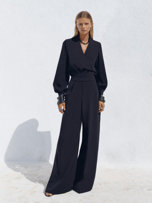 Autumn Sets 2025 Women's Fashion Plain Long Sleeve V-Neck Blouses Full Length High Waist Wide Leg Pants Work Sets