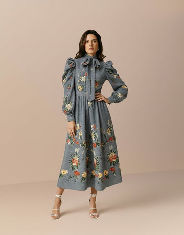 Autumn Winter Casual Dress Mid-Length A-Line Skirt Style With Bow Tie Neck And Lamb Leg Sleeve Body-Fitting Fashion