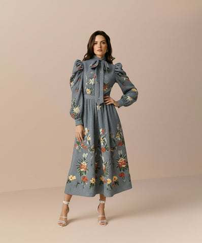 Autumn Winter Casual Dress Mid-Length A-Line Skirt Style With Bow Tie Neck And Lamb Leg Sleeve Body-Fitting Fashion