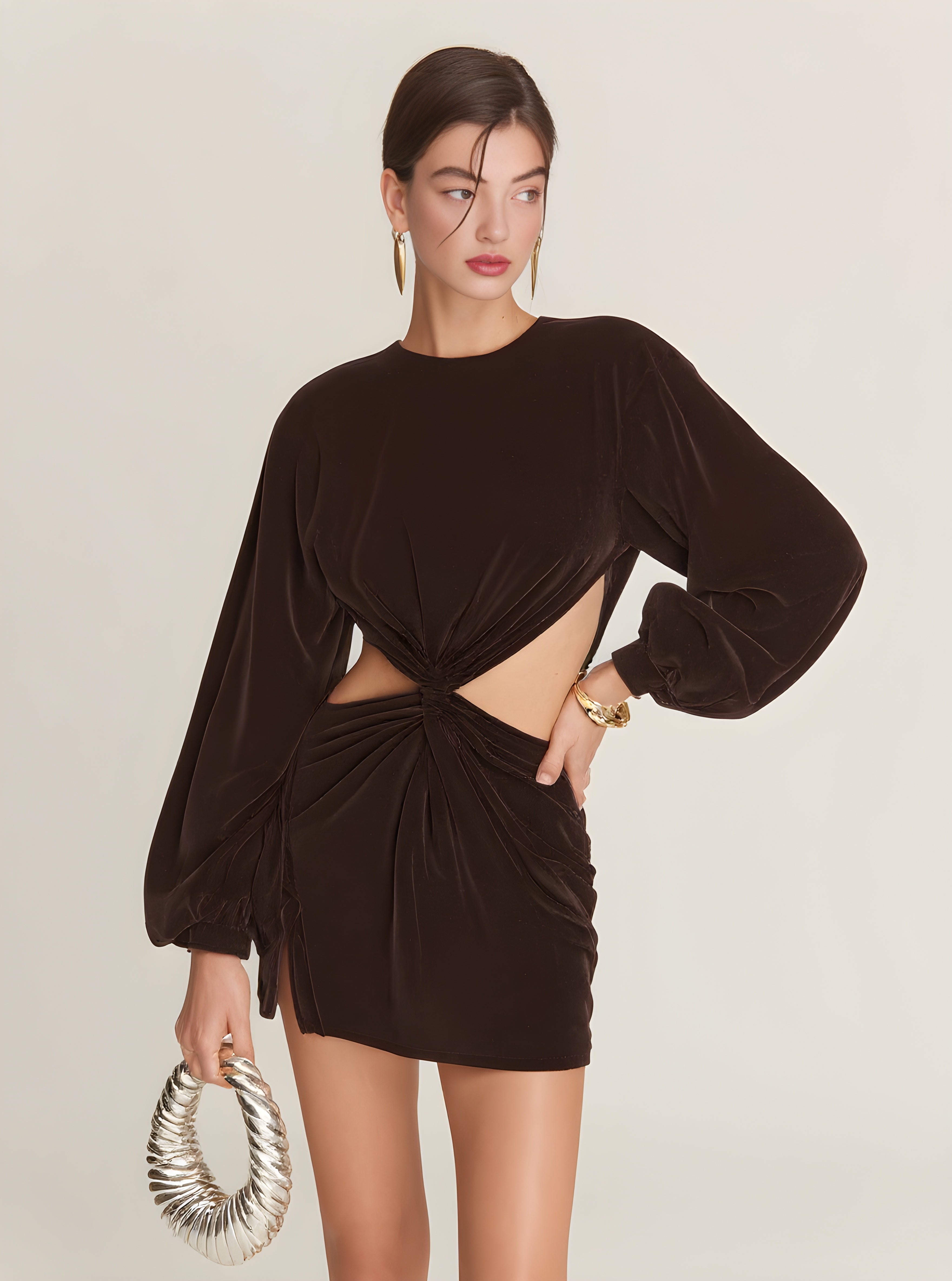 Autumn Dresses 2025 Women's Decent Plain Long Sleeve Crew Neck Folds Cut-Out Party Mini Bodycon Dresses