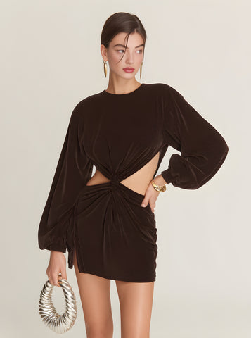 Autumn Dresses 2025 Women's Decent Plain Long Sleeve Crew Neck Folds Cut-Out Party Mini Bodycon Dresses