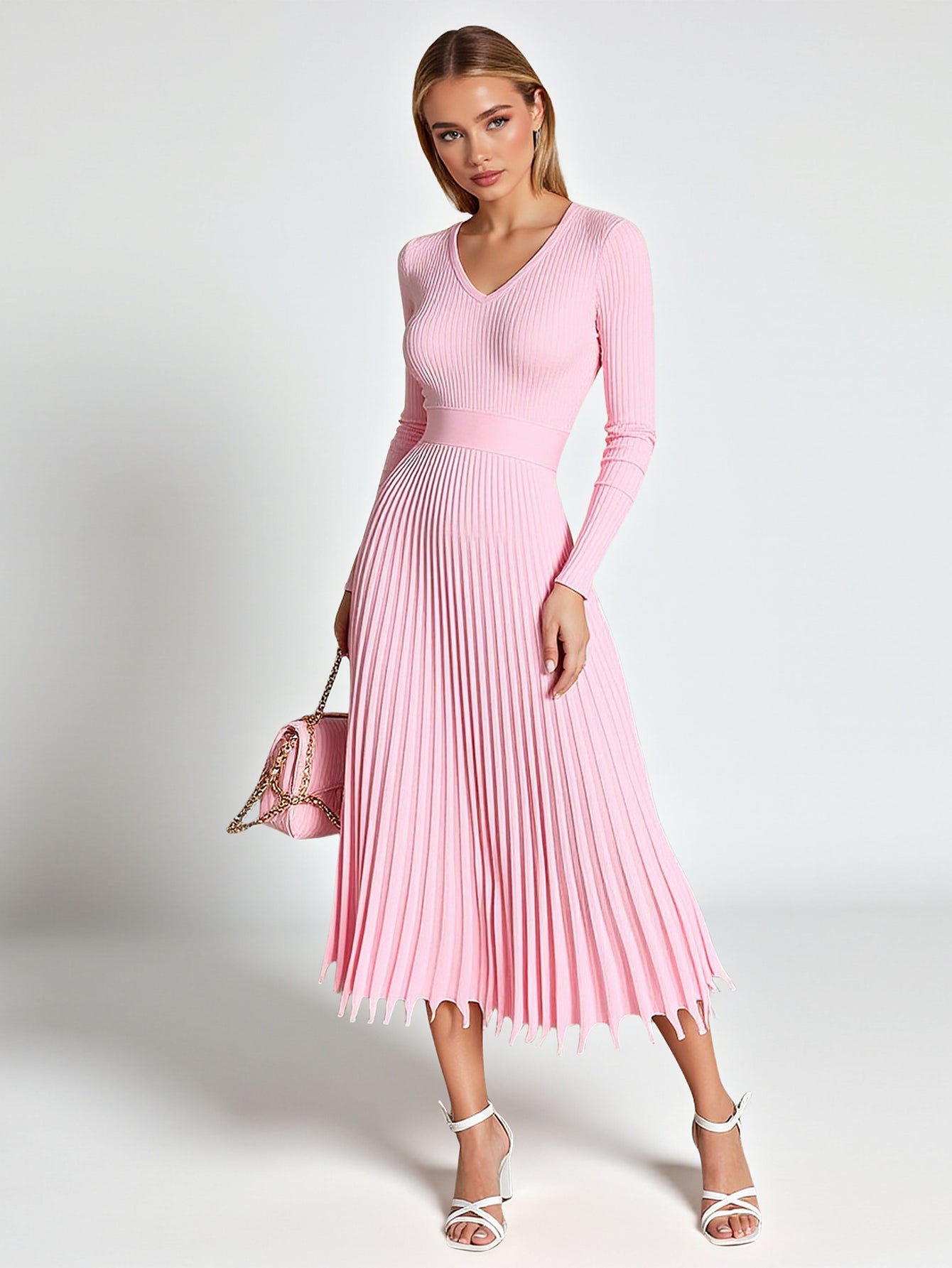 Women's Dresses Autumn Winter 2025 Daily Basic Solid Color Screw Thread Long Sleeve Round Neck Pleated Hem Fitting Slim Dresses