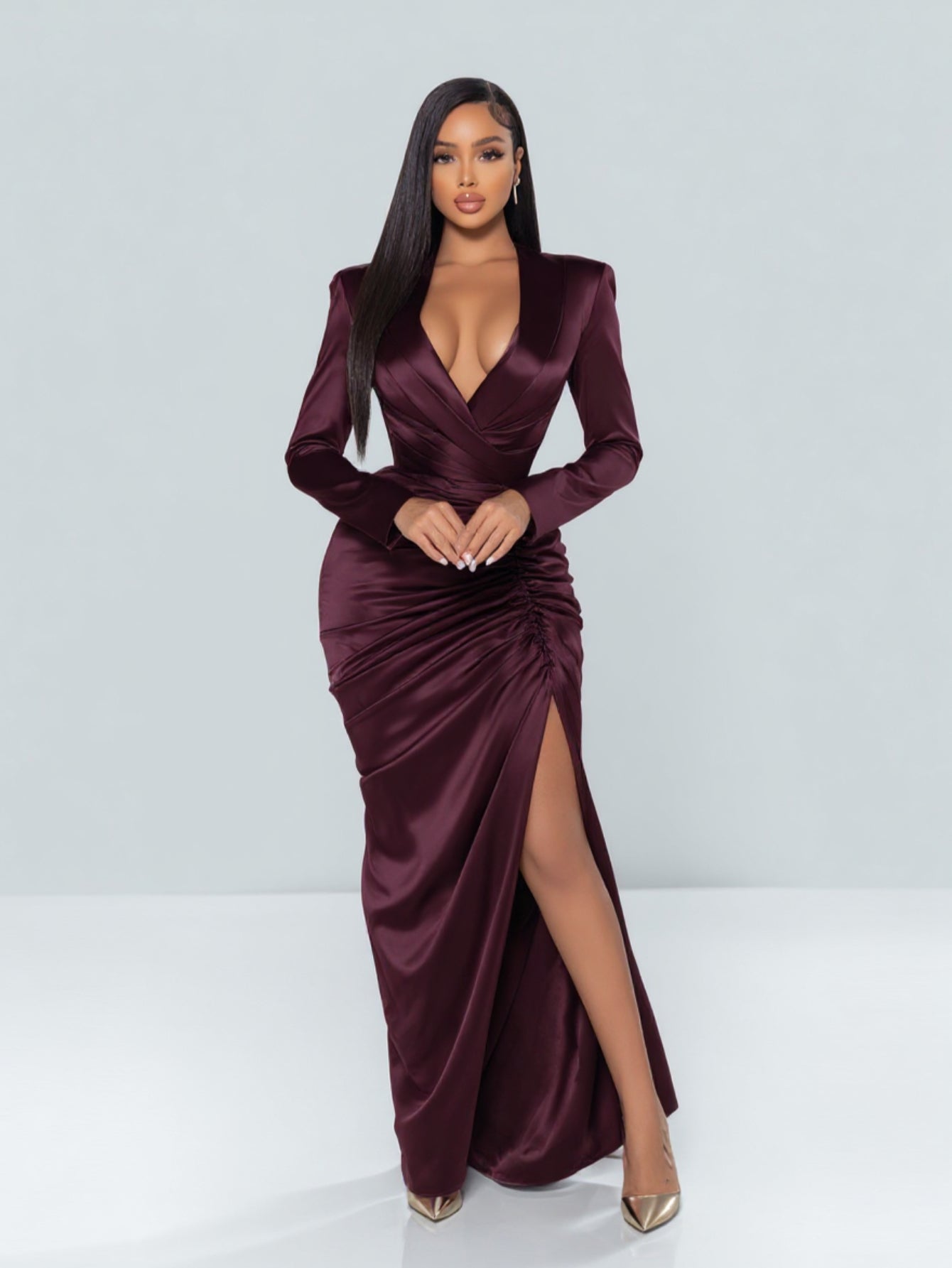 Women's 2025 Autumn Fashion Dresses Long Sleeve V-Neck Side Slit Plain Party Skinny Fit Dresses