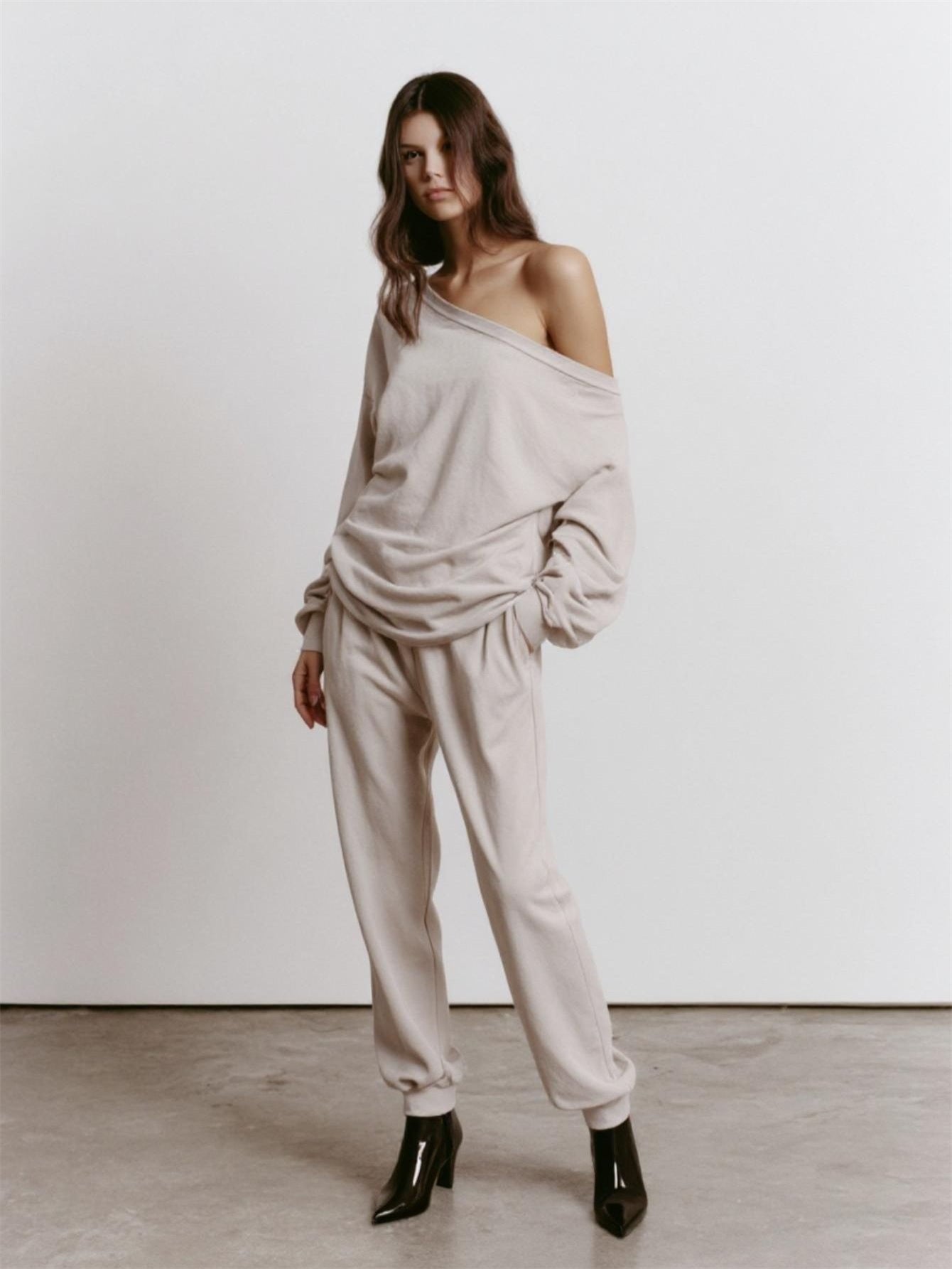 Women's Sets Autumn Winter Casual Fashion One-Shoulder Solid Color Long Sleeve Full Length Pants Sets