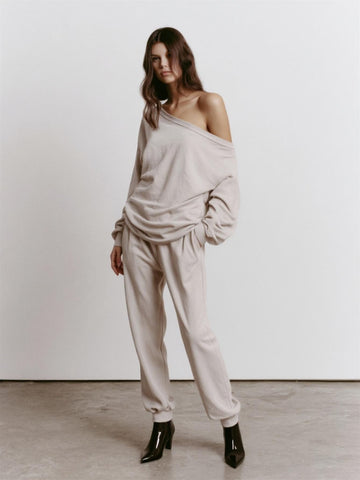 Women's Sets Autumn Winter Casual Fashion One-Shoulder Solid Color Long Sleeve Full Length Pants Sets