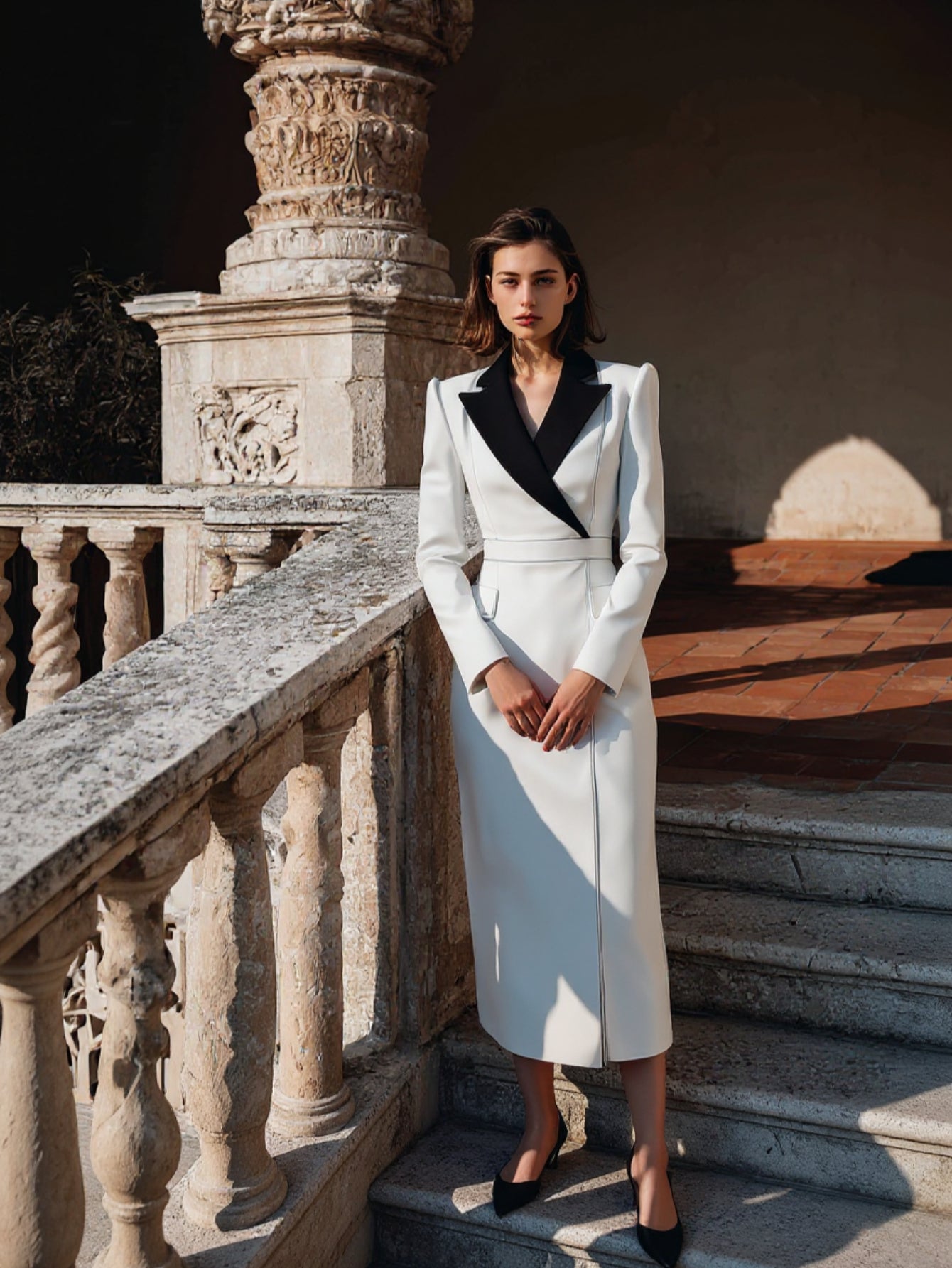 Women's Dress Autumn Elegant 2025 Plain Contrast Collar Blazer Lapel V-Neck Long Sleeve Slim Fit Midi Business Dress