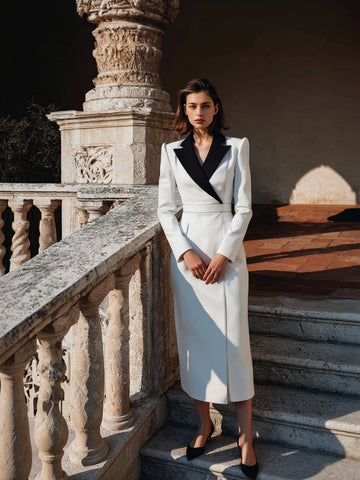 Women's Dress Autumn Elegant 2025 Plain Contrast Collar Blazer Lapel V-Neck Long Sleeve Slim Fit Midi Business Dress