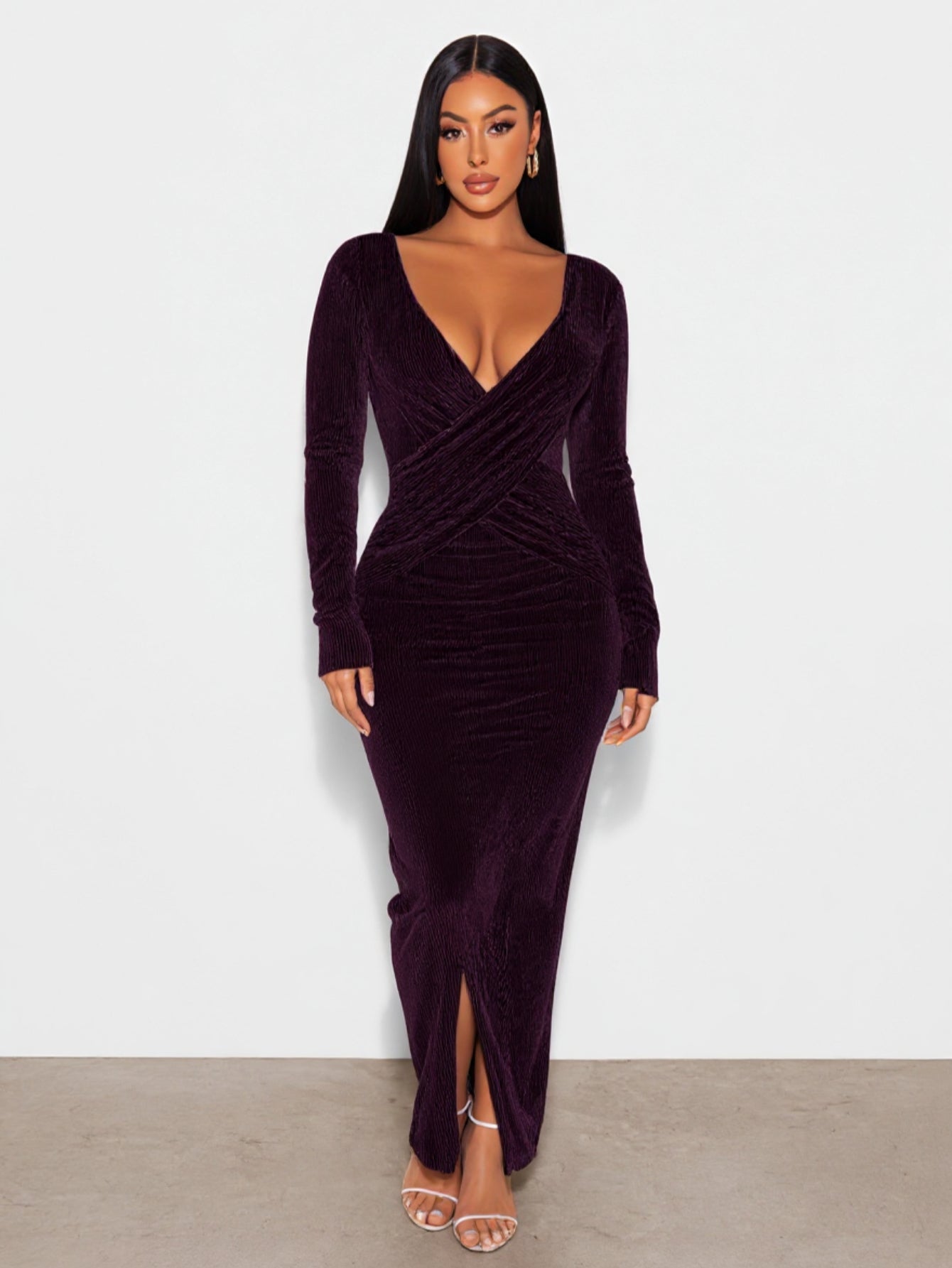 2025 Autumn Women's Dresses Sexy Plain Long Sleeve Plunge Neck Ruched Side Slit Elegant Maxi Evening Dresses