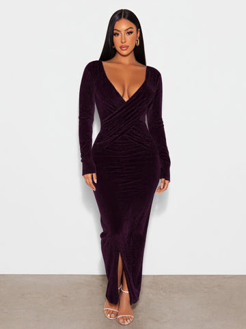 2025 Autumn Women's Dresses Sexy Plain Long Sleeve Plunge Neck Ruched Side Slit Elegant Maxi Evening Dresses