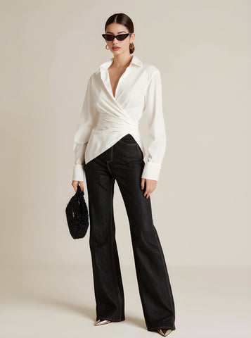 Autumn Shirts 2025 Women's Chic Plain Long Sleeve Shirt Collar Asymmetrical Nipped Waists Basics Shirts