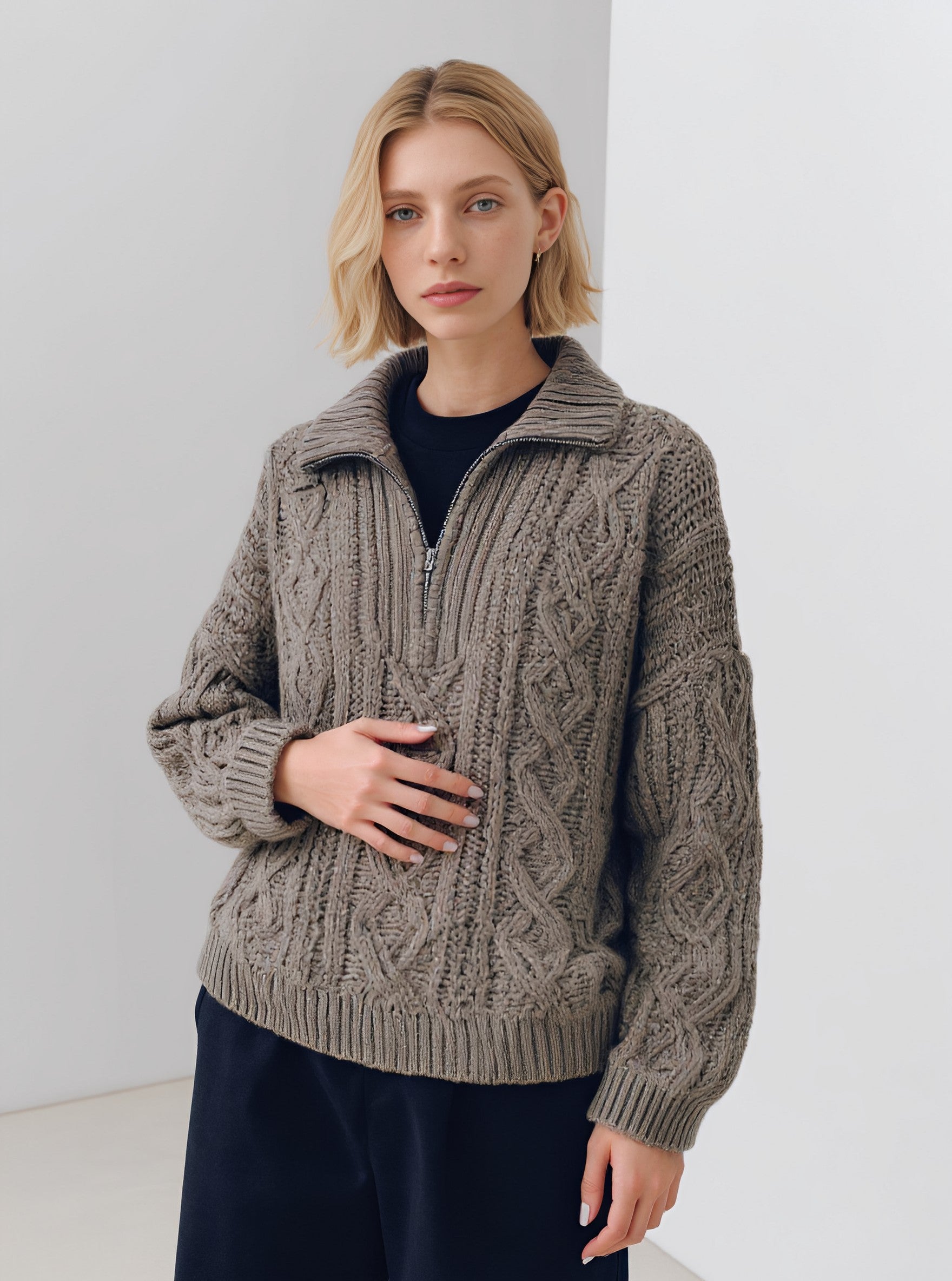 Loose Fit Long Sleeve Sweater Winter Clothes Casual Style Turn-down Collar Straight Tube Sleeve Regular Length Top For Women