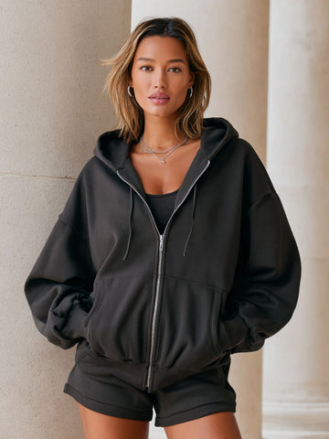 Autumn Jackets 2025 Women's Minimalism Zipper Plain Long Sleeve Hooded Loose Fit Casual Jackets