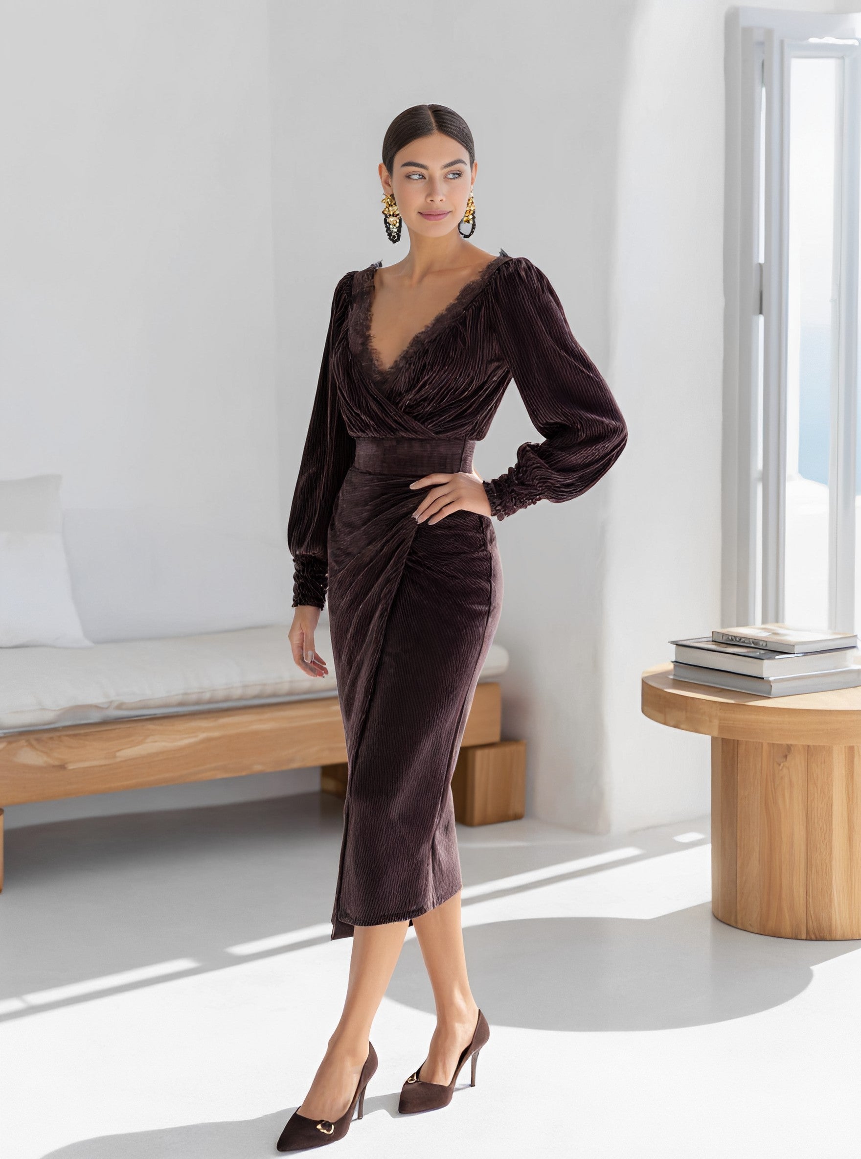 Casual Fit Midi Dress With Lantern Sleeves And V-Neck For Autumn Season Comfortable Wrap Style Women's Fashion Dress