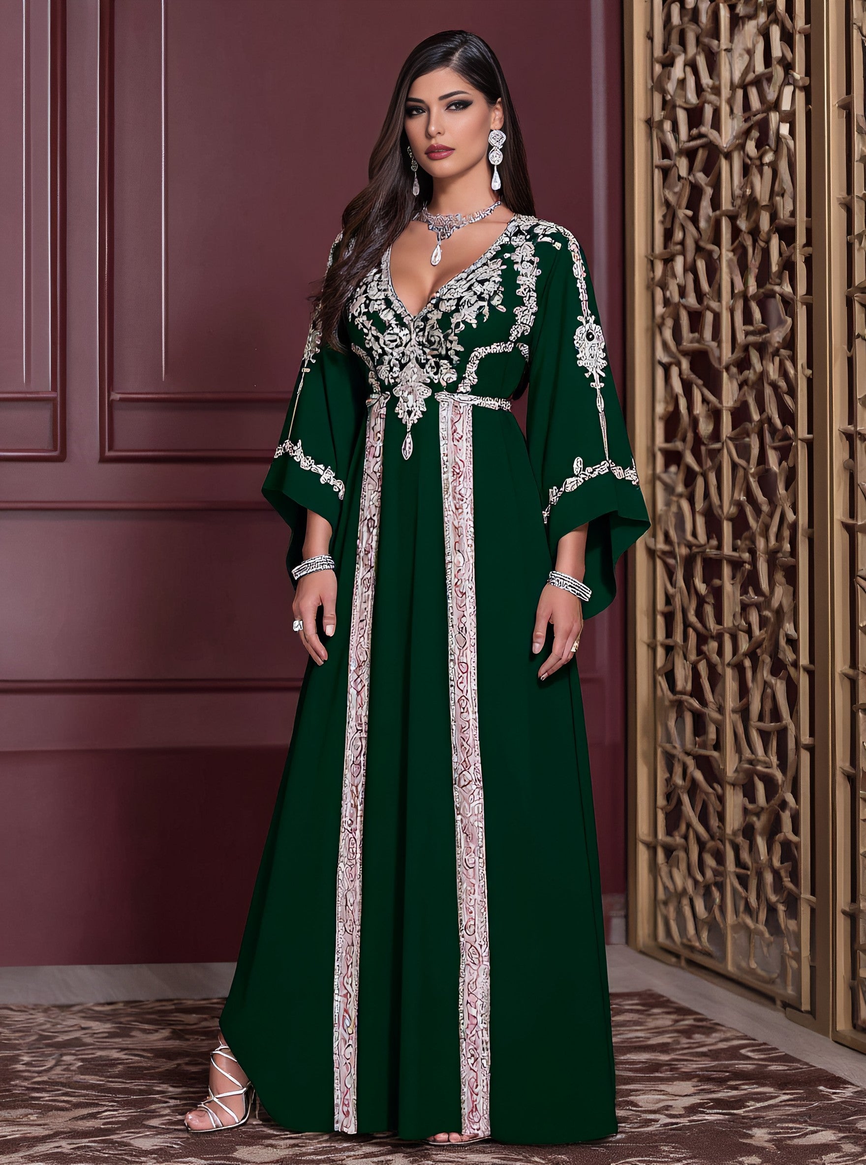 Autumn Casual Jalabiyas Long Dress V-neck Bell Sleeve A-line Skirt Style Muslim Fashion Arabic Robe Women's Clothing
