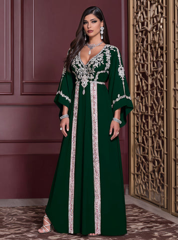 Autumn Casual Jalabiyas Long Dress V-neck Bell Sleeve A-line Skirt Style Muslim Fashion Arabic Robe Women's Clothing