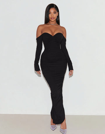 Women's 2025 Autumn Fashion Dresses Long Sleeve Off Shoulder Plain Party Skinny Fit Dresses