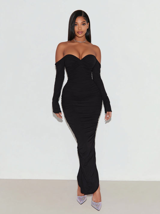 Women's 2025 Autumn Fashion Dresses Long Sleeve Off Shoulder Plain Party Skinny Fit Dresses