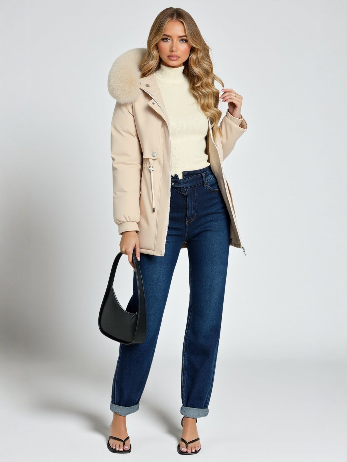 Women's Cotton-Padded Jacket Mid-Length Winter Coat Fur Trimmed Relaxed-Fit Fleece-Lined Parka Warm Outerwear