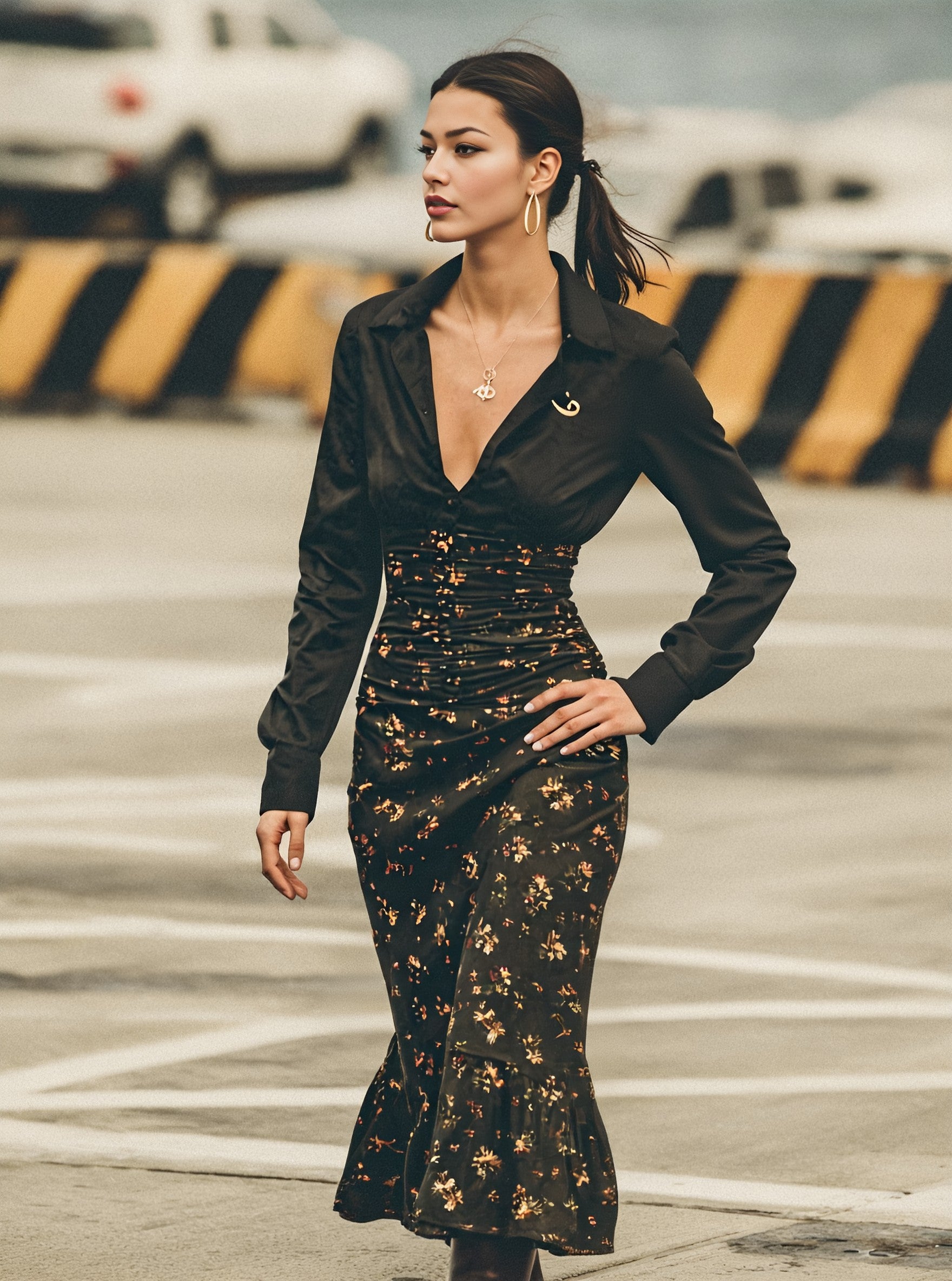 Autumn Winter Casual Dress Shirt Sleeve Turn-down Collar Bodycon Skirt Length Medium Dress For Women Fashion Style