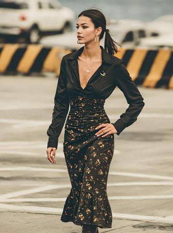 Autumn Winter Casual Dress Shirt Sleeve Turn-down Collar Bodycon Skirt Length Medium Dress For Women Fashion Style