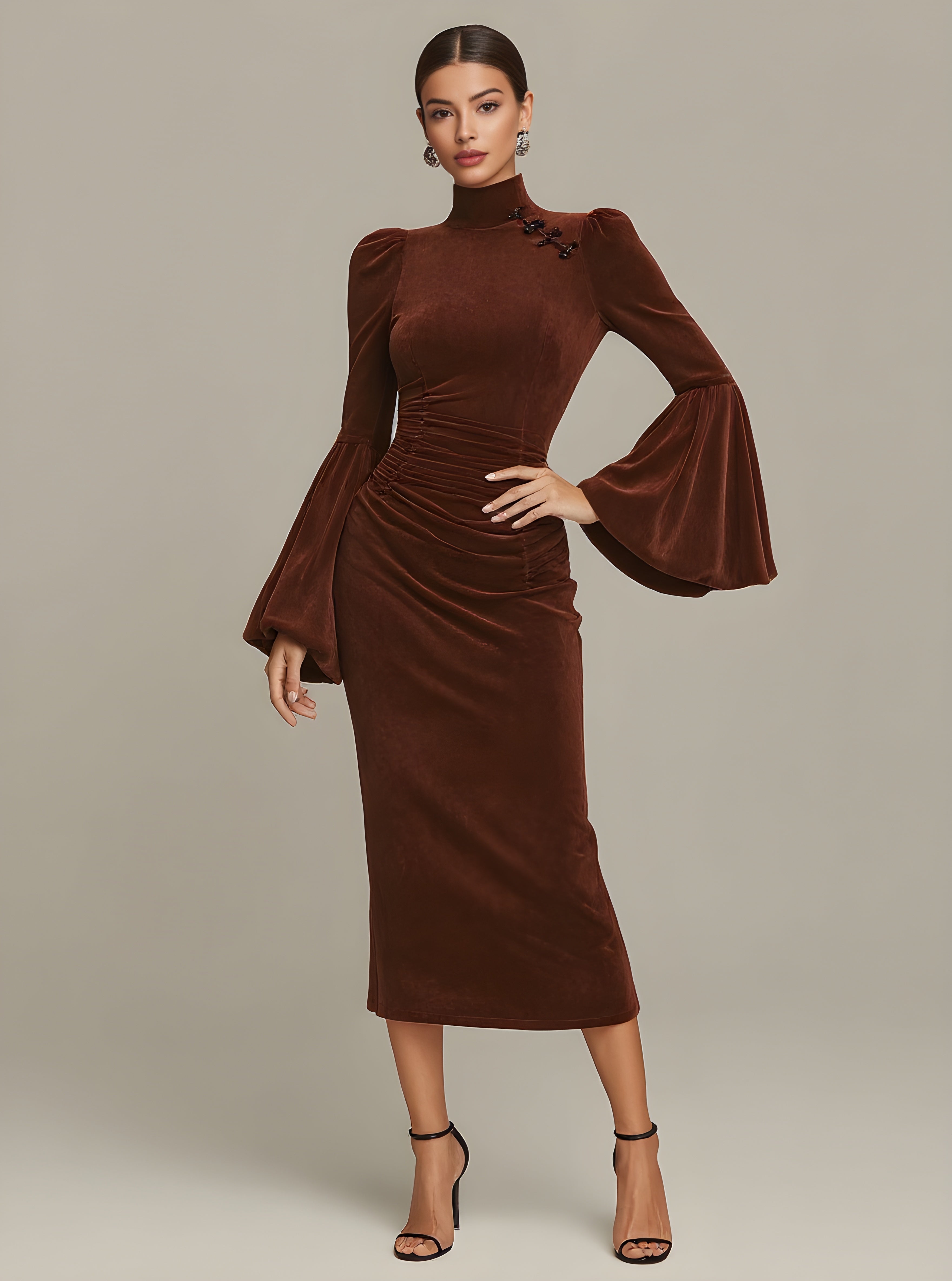 Autumn Dresses 2025 Women's Elegant Plain Long Flare Sleeve Mandarin Collar Ruffled Waist Party Midi Dress