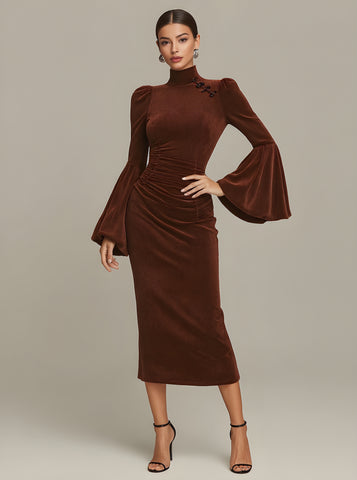 Autumn Dresses 2025 Women's Elegant Plain Long Flare Sleeve Mandarin Collar Ruffled Waist Party Midi Dress