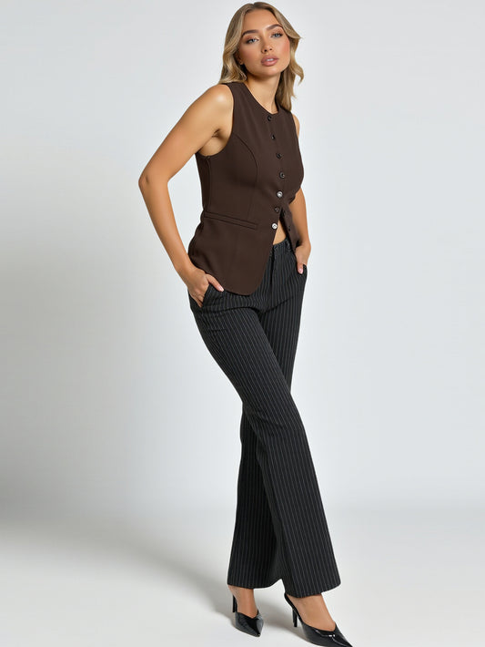 Women's 2025 Spring Summer Vests Sleeveless Round-Neck Button Front Pocket Detail Single Breasted Vests