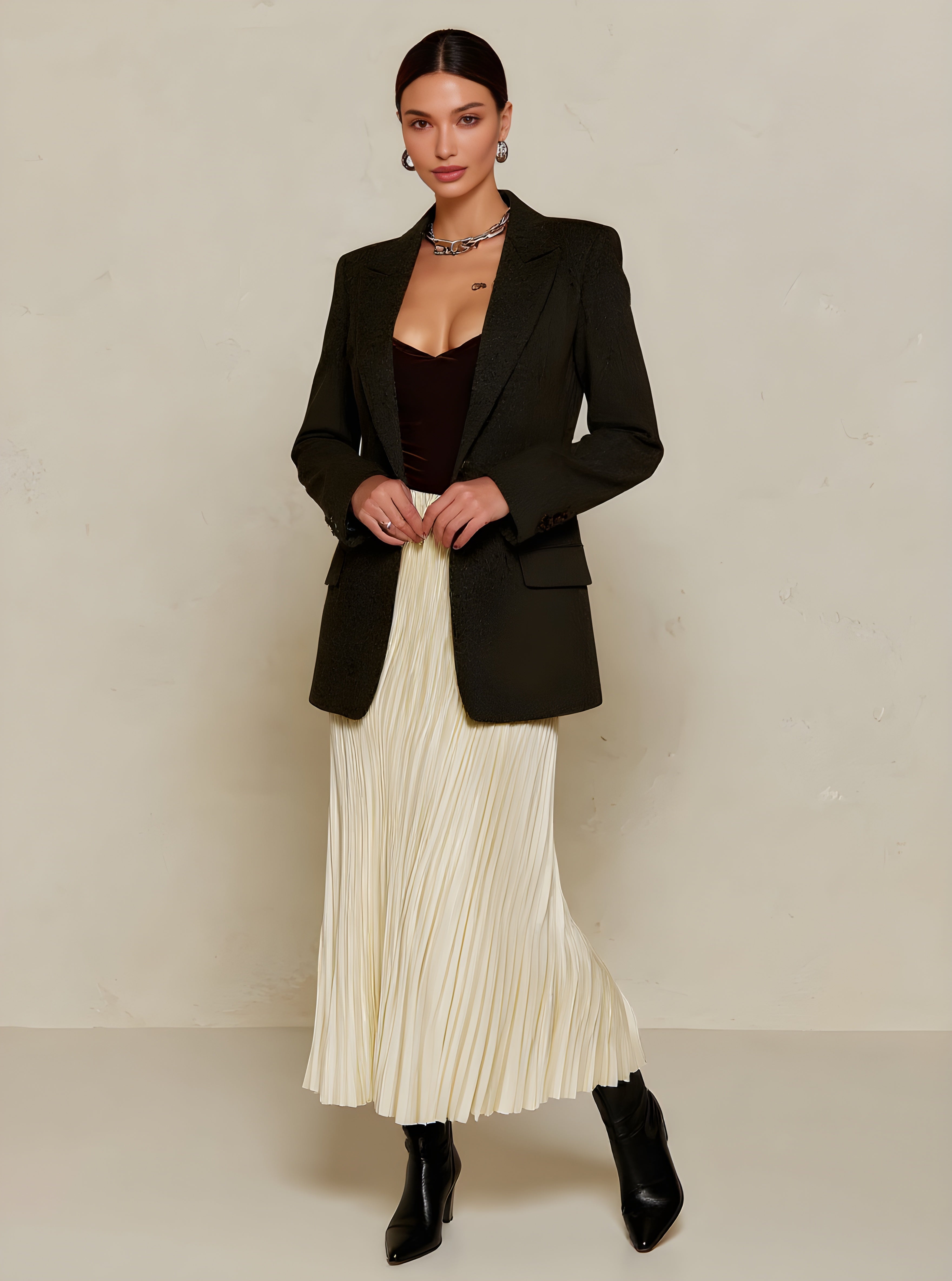 Autumn Winter Skirts 2025 Women's Simple Elegant Plain A-Line High Waist Draped Midi Pleated Skirts