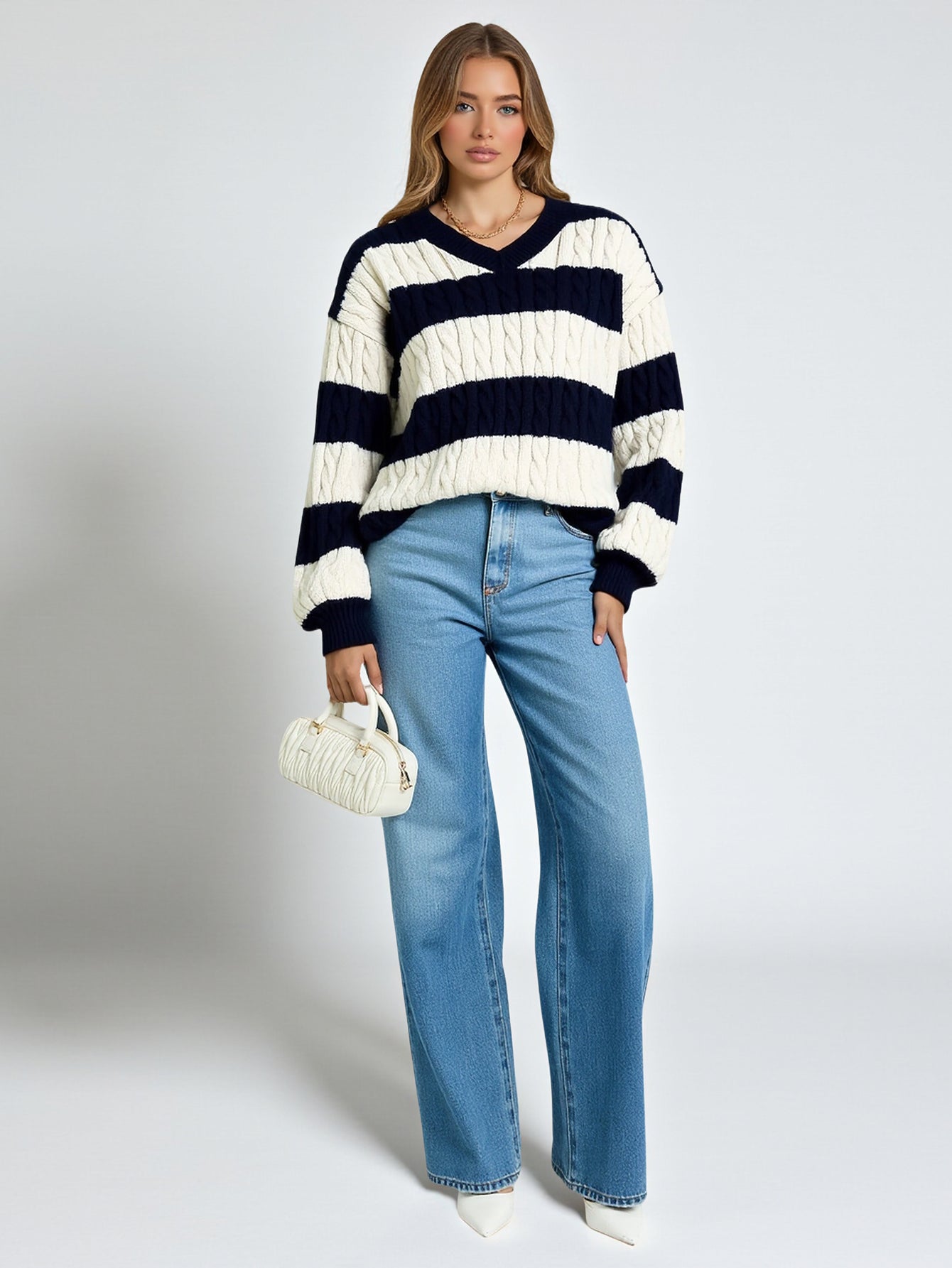 European And American Autumn Winter Long Sleeve V-Neck Twist Knitted Sweater Loose Fit Contrast Striped Women's Top