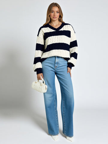 European And American Autumn Winter Long Sleeve V-Neck Twist Knitted Sweater Loose Fit Contrast Striped Women's Top