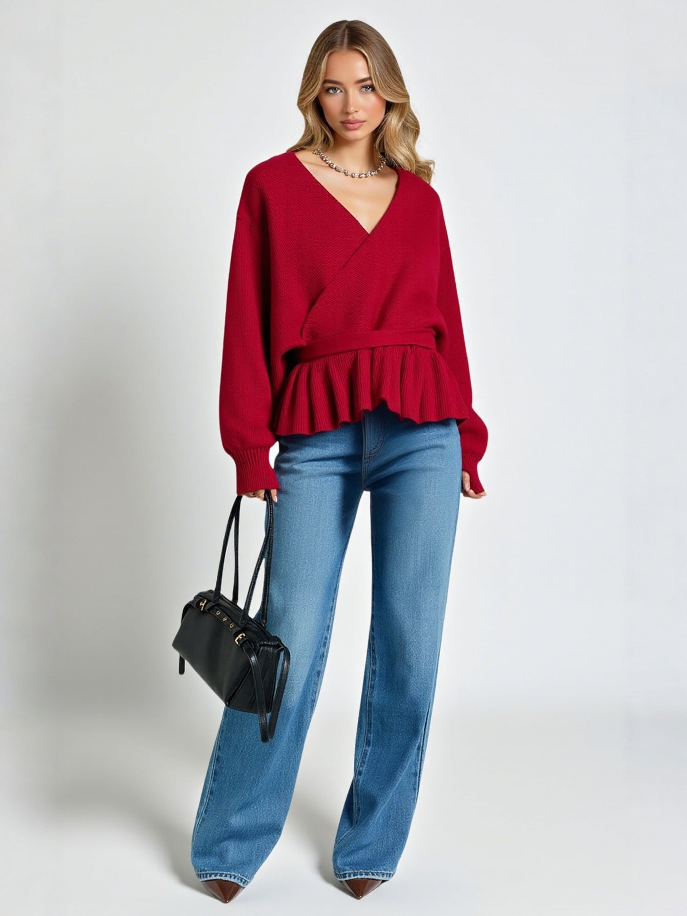 Women's European American Style V-Neck Cross Lace Sweater Autumn Winter Fashion Front And Back Design